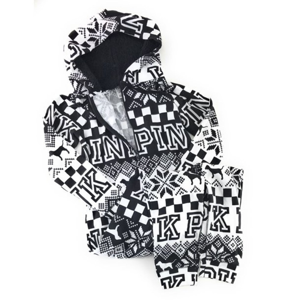 Victoria’s Secret PINK  Onesie Sherpa Christmas black white pajamas snowflake